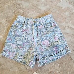 Vintage Paris Blues Floral Print Jean Shorts